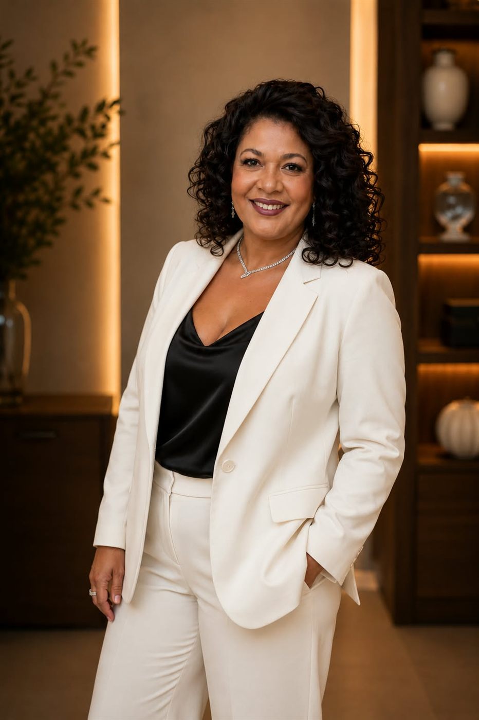 Carla Camilo de terno branco, sorrindo