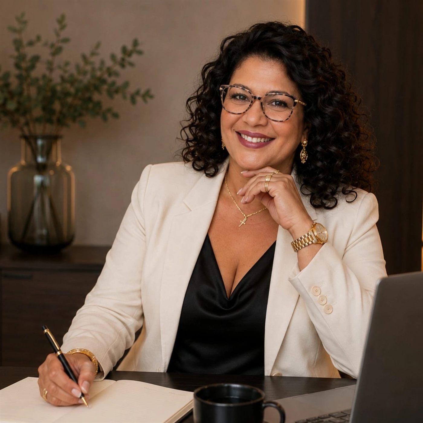 Carla Camilo sentada à mesa, de terno branco, escrevendo