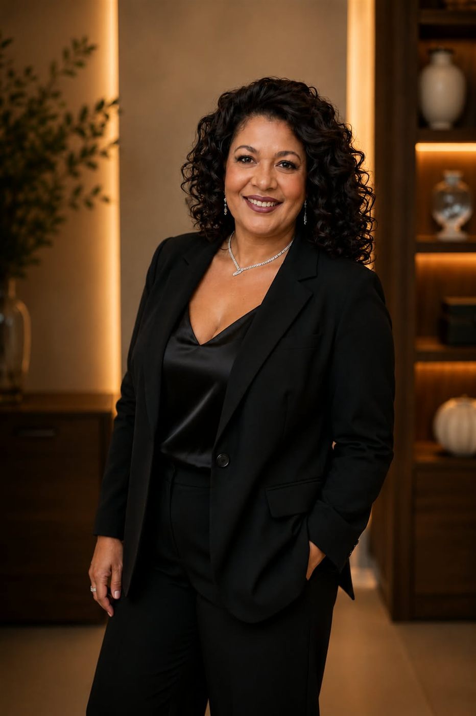 Carla Camilo de terno preto, em pé